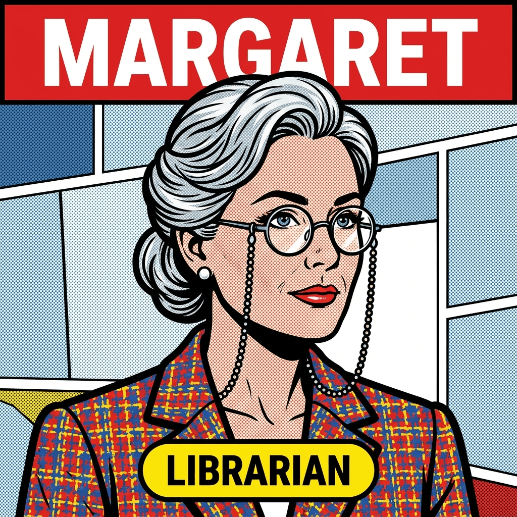 Pop-art portrait of Margaret, the AI librarian